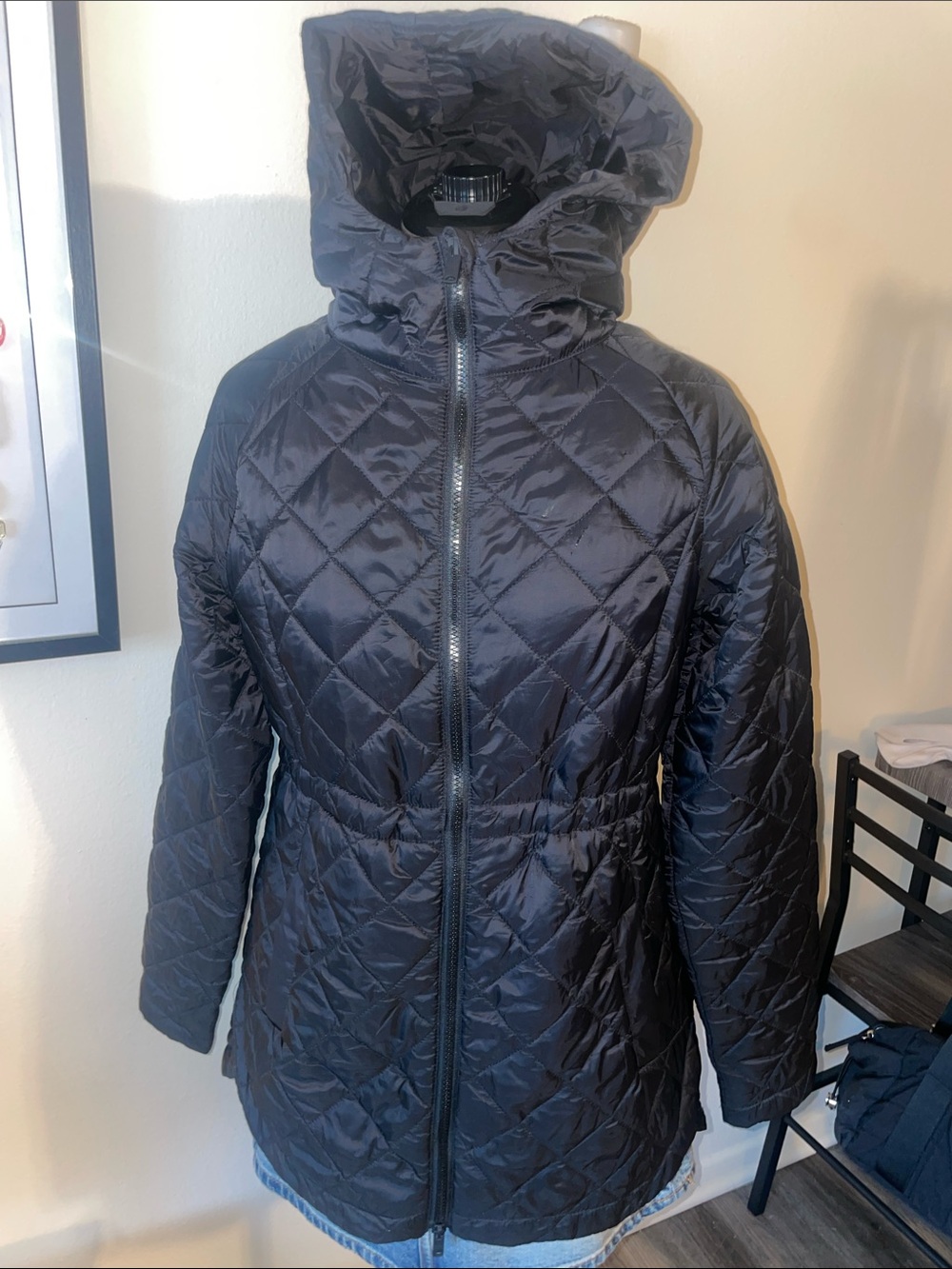 Buckle Black Quilted Hooded Puffer Coat